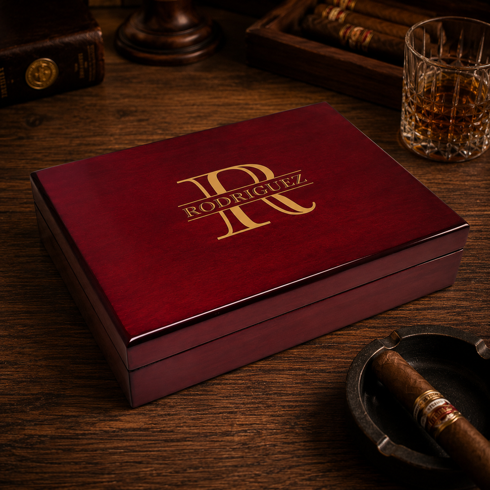 Personalized rosewood piano finish humidor with gold leaf engraving