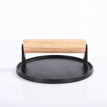 Cast iron burger smasher with rubberwood handle