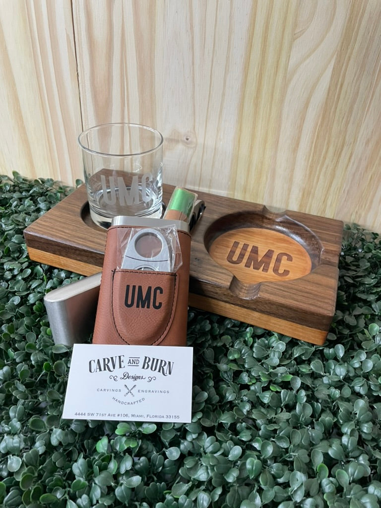 Walnut cigar tray engraved with initials UMC