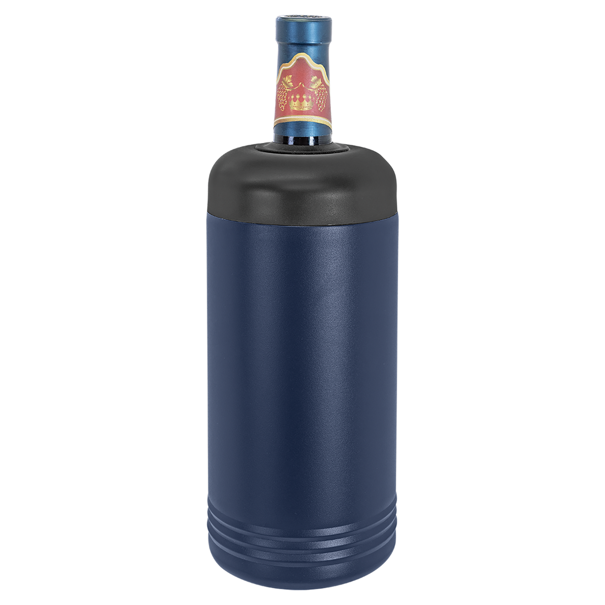 Navy insulated wine chiller holding a wine bottle