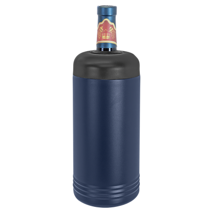 Navy insulated wine chiller holding a wine bottle