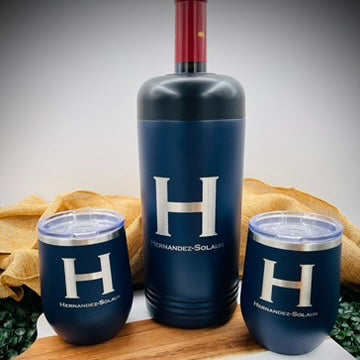 Navy wine chiller and two stemless tumblers engraved with an H monogram