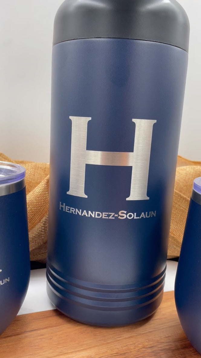 Navy insulated wine chiller engraved with an H monogram and family name