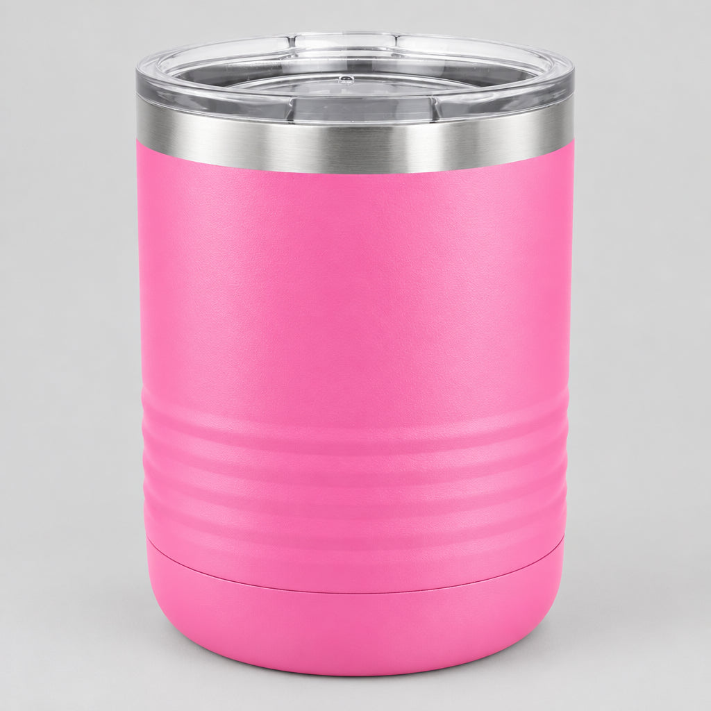Pink 10 oz insulated lowball tumbler with lid, ready for custom engraving