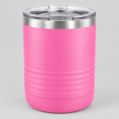 Pink 10 oz insulated lowball tumbler with lid, ready for custom engraving