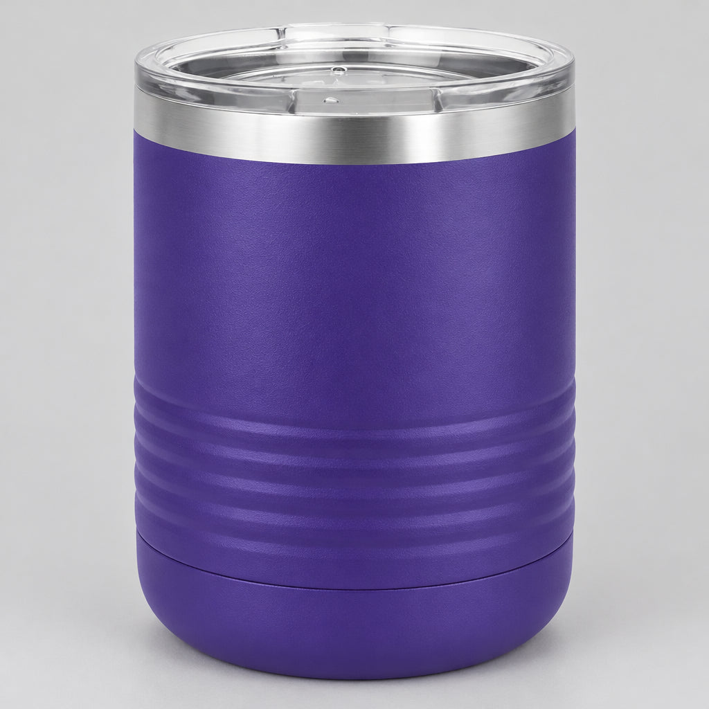 Purple 10 oz insulated lowball tumbler with lid, ready for custom engraving