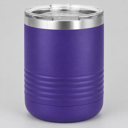 Purple 10 oz insulated lowball tumbler with lid, ready for custom engraving