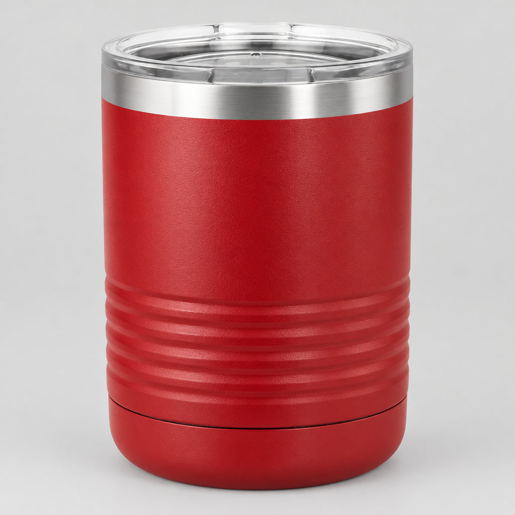 Red 10 oz insulated lowball tumbler with lid, ready for custom engraving