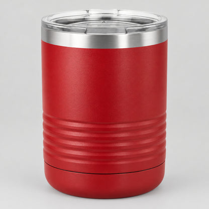 Red 10 oz insulated lowball tumbler with lid, ready for custom engraving