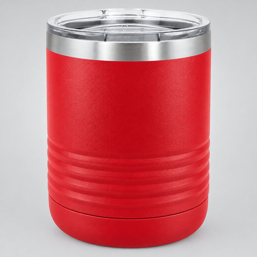 Red 10 oz insulated lowball tumbler with lid, front view