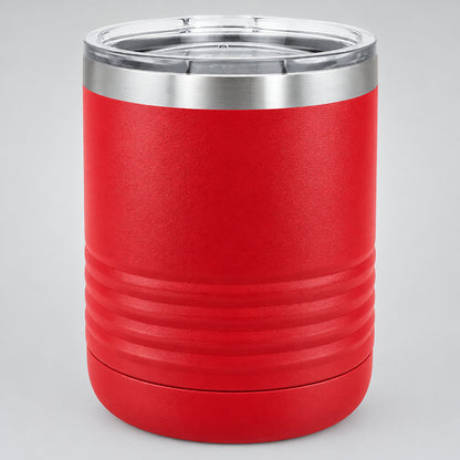 Red 10 oz insulated lowball tumbler with lid, front view