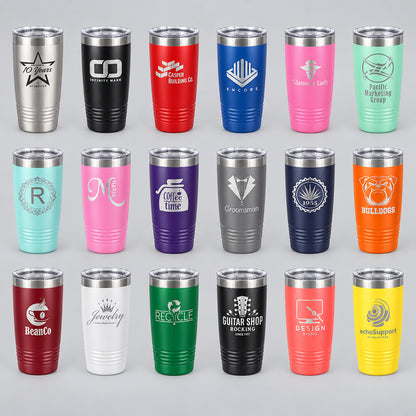 Personalized 20 oz tumblers lined up in an assortment of colors