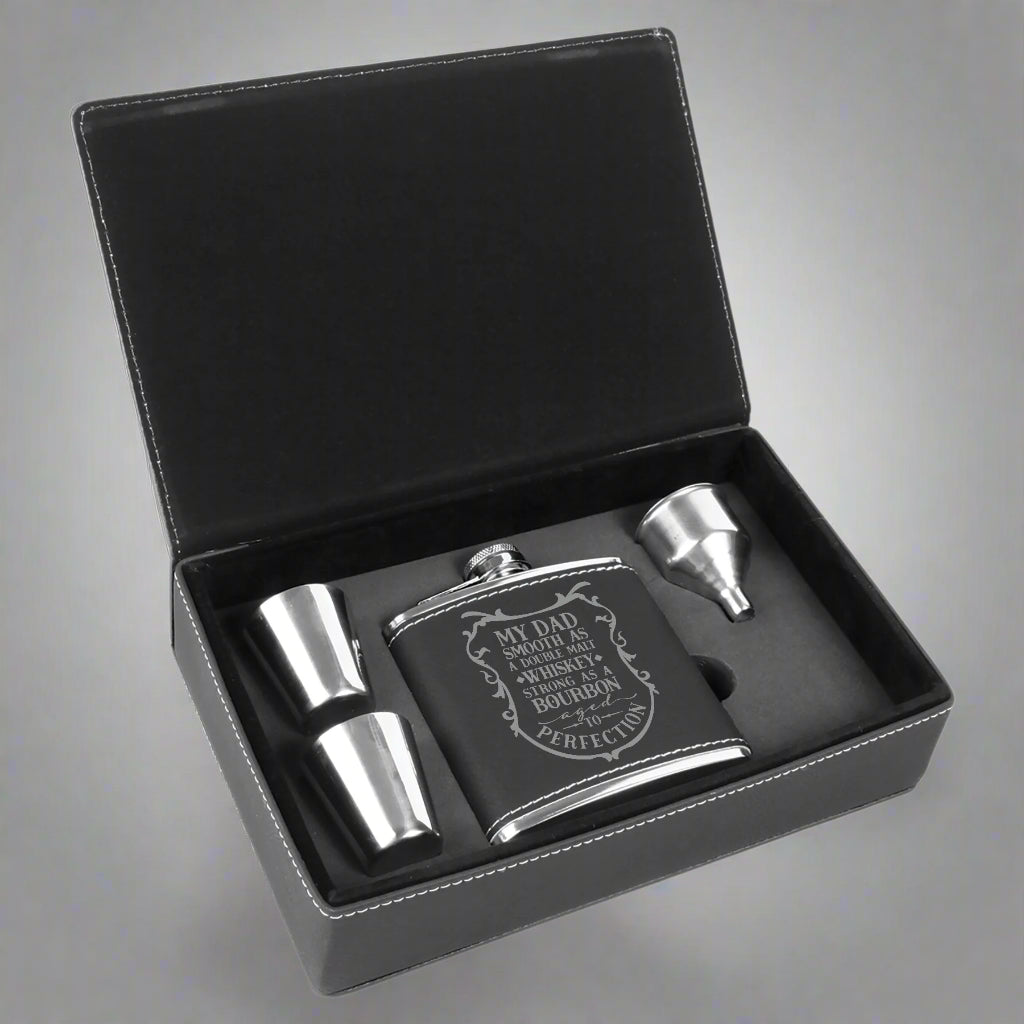 6 oz Leatherette Flask Gift Set in Black by Carve & Burn, Miami