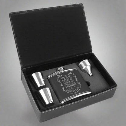 6 oz Leatherette Flask Gift Set in Black by Carve & Burn, Miami