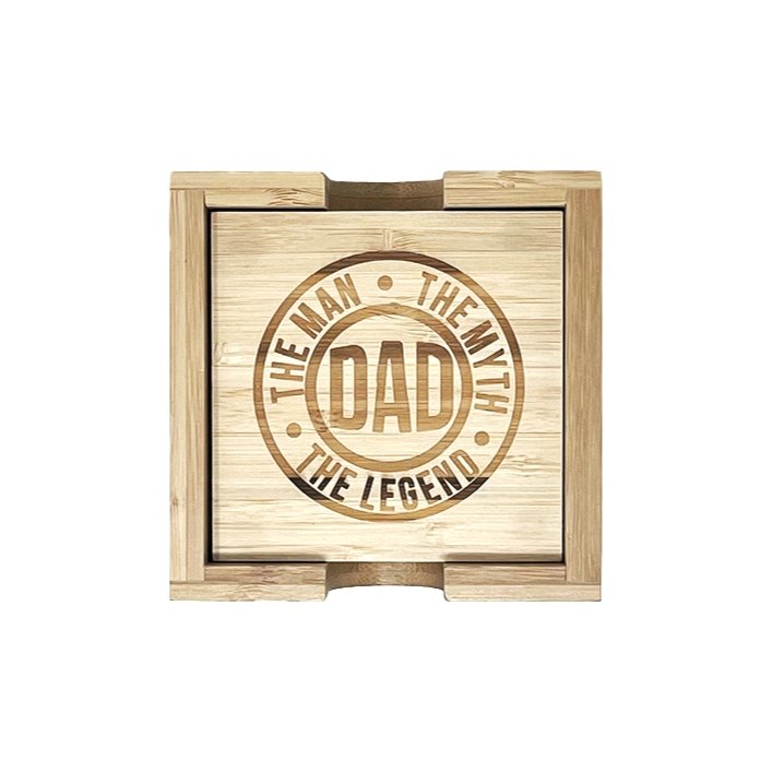 Bamboo coaster set in holder engraved Dad, The Man The Myth The Legend