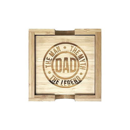 Bamboo coaster set in holder engraved Dad, The Man The Myth The Legend