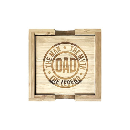 Bamboo coaster set in holder engraved Dad, The Man The Myth The Legend