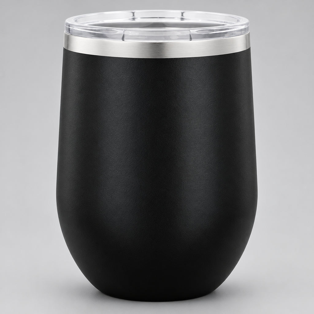 Black insulated 12 oz stemless wine tumbler for custom engraving