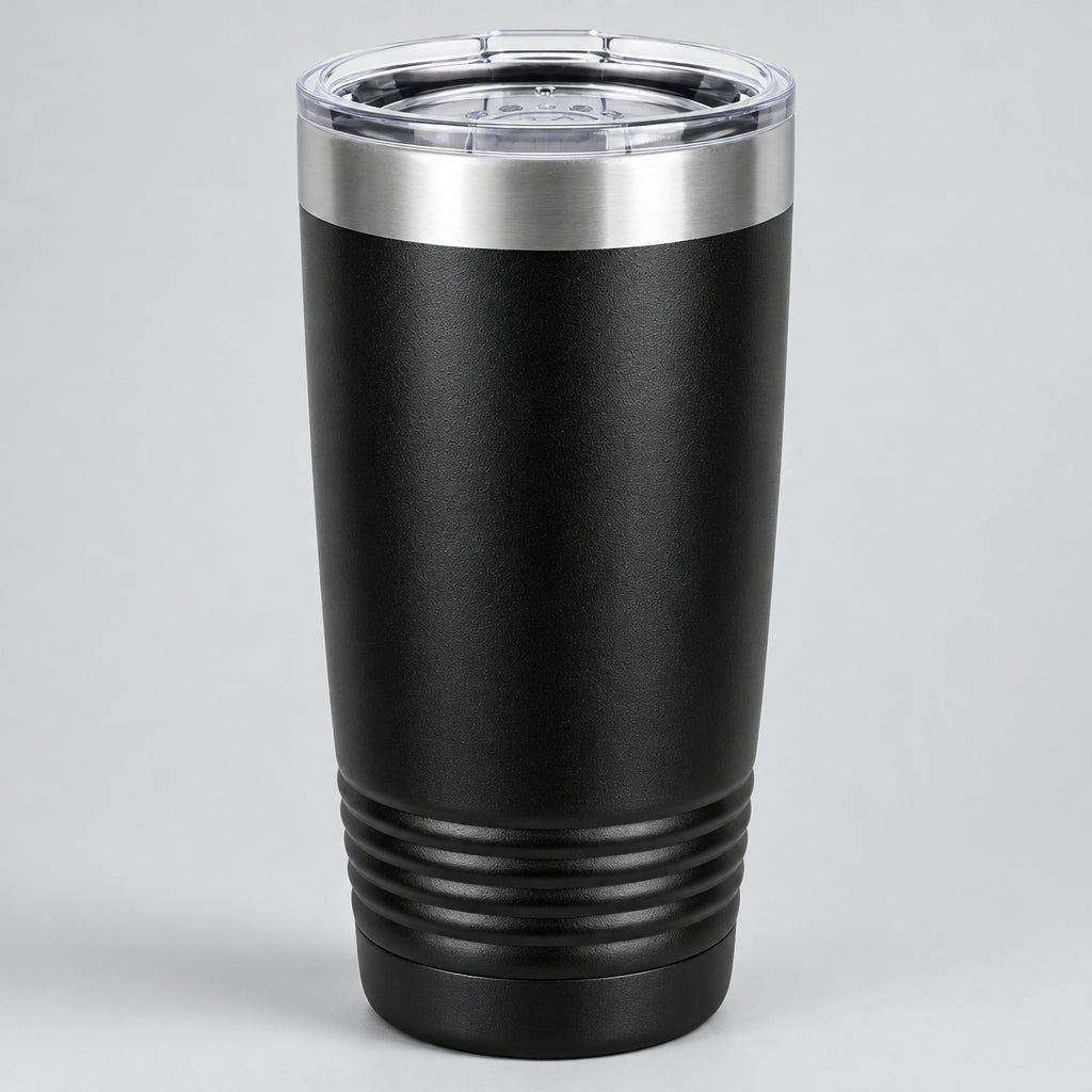 Black 20 oz insulated stainless steel tumbler with a silver ring accent, for custom engraving