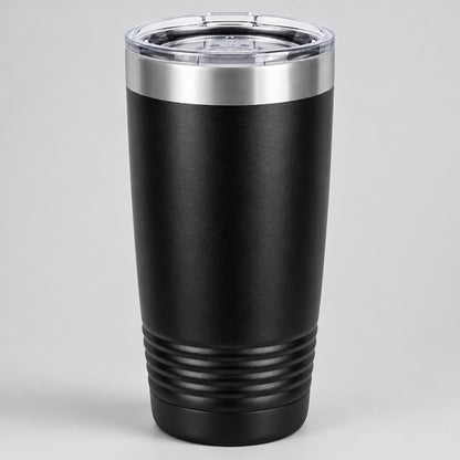 Black 20 oz insulated stainless steel tumbler with a silver ring accent, for custom engraving