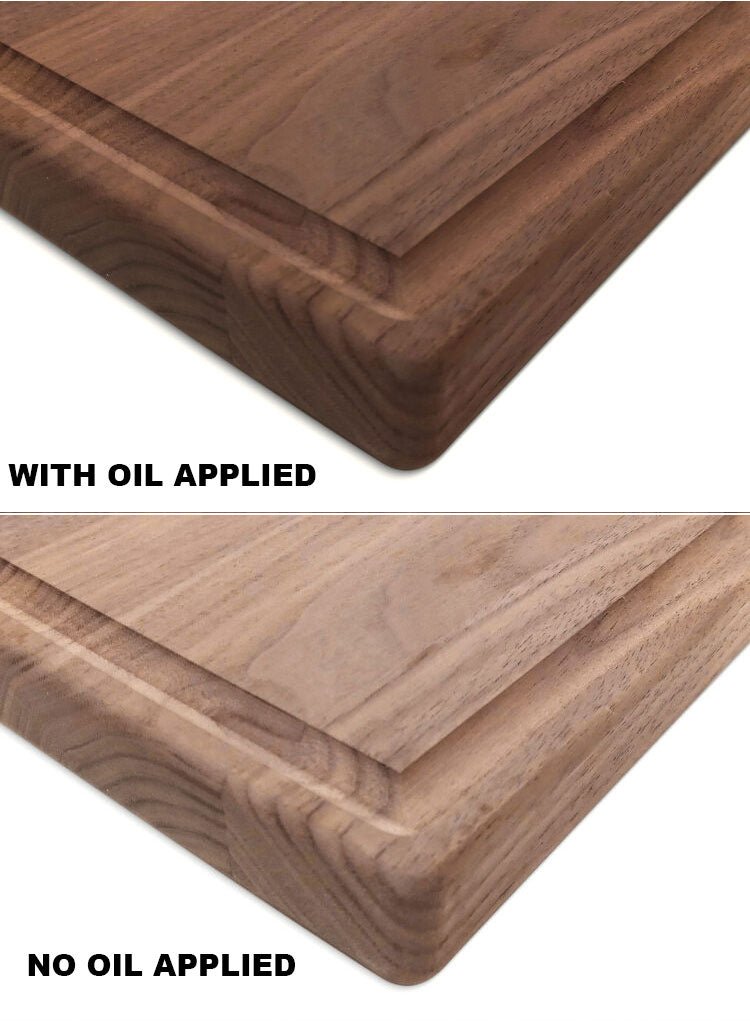 Black walnut cutting board edge shown with oil applied versus no oil