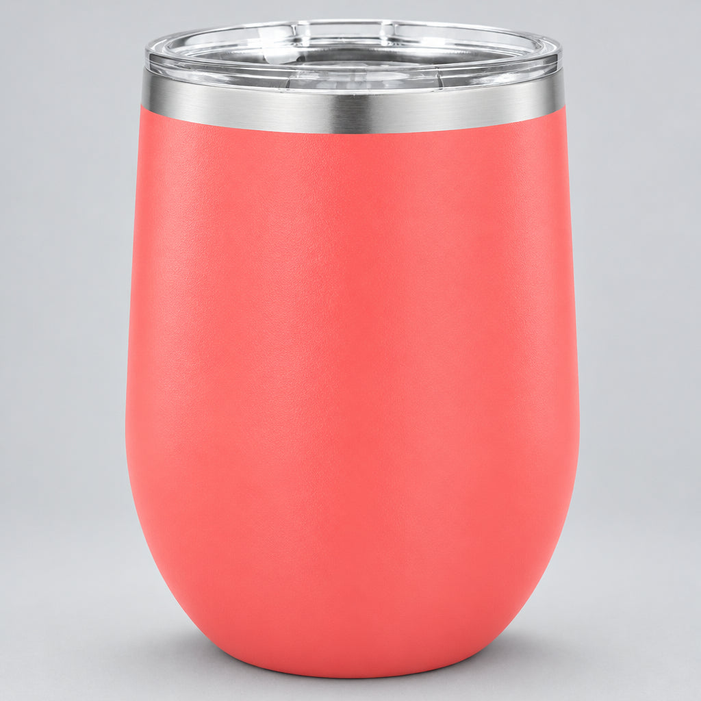 Coral insulated 12 oz stemless wine tumbler for custom engraving