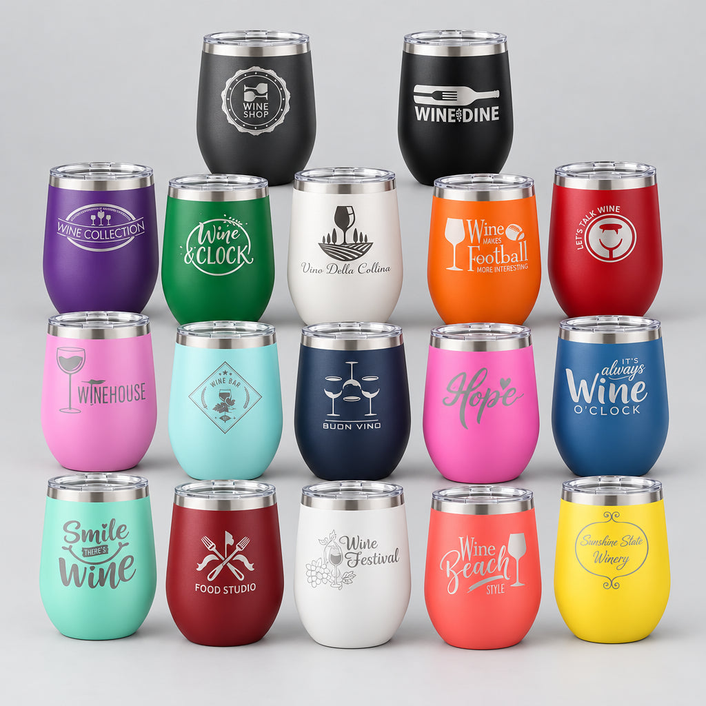 12 oz stemless wine tumblers in assorted colors laser engraved with names and designs