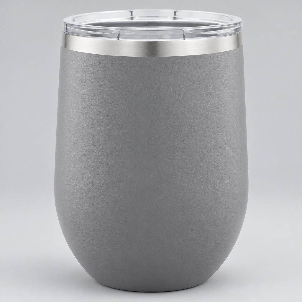 Gray 12 oz insulated stemless wine tumbler with lid, ready for custom engraving
