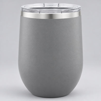 Gray 12 oz insulated stemless wine tumbler with lid, ready for custom engraving