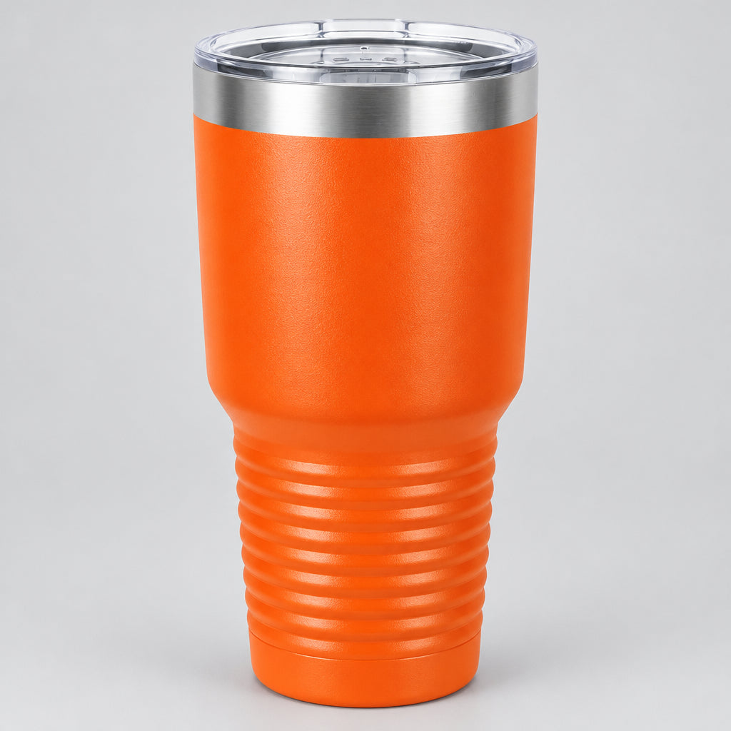 Orange 30 oz insulated stainless steel tumbler with lid, ready for custom engraving
