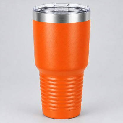 Orange 30 oz insulated stainless steel tumbler with lid, ready for custom engraving