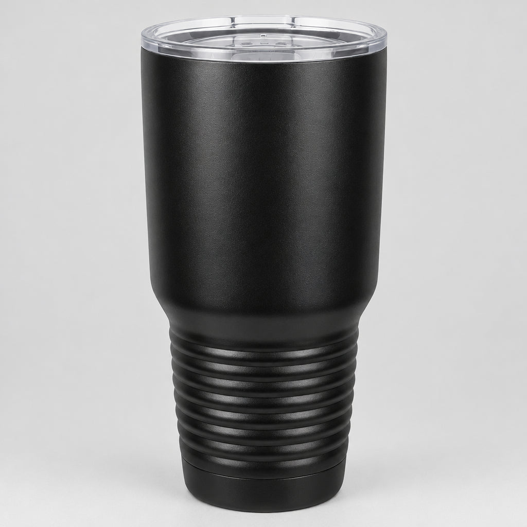 Black 30 oz insulated stainless steel tumbler with lid, ready for custom engraving