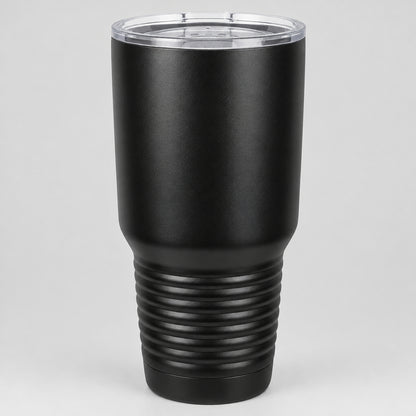 Black 30 oz insulated stainless steel tumbler with lid, ready for custom engraving