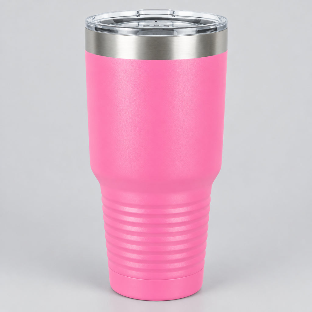 Pink 30 oz insulated stainless steel tumbler with lid, ready for custom engraving