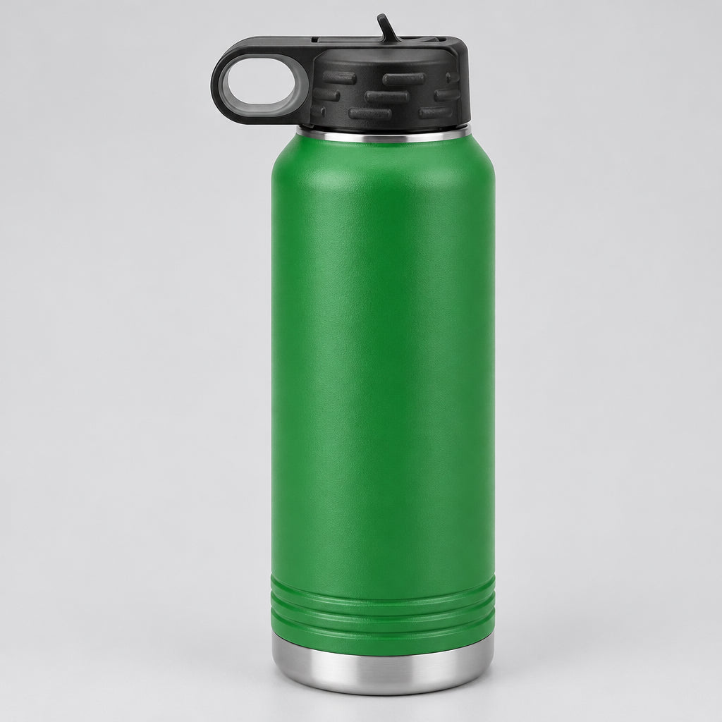 Green stainless steel water bottle, personalized with laser engraving by Carve & Burn in Miami