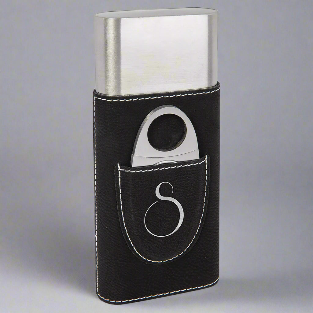 Leather Cigar Case with Cutter in Black with Silver engraving by Carve & Burn, Miami
