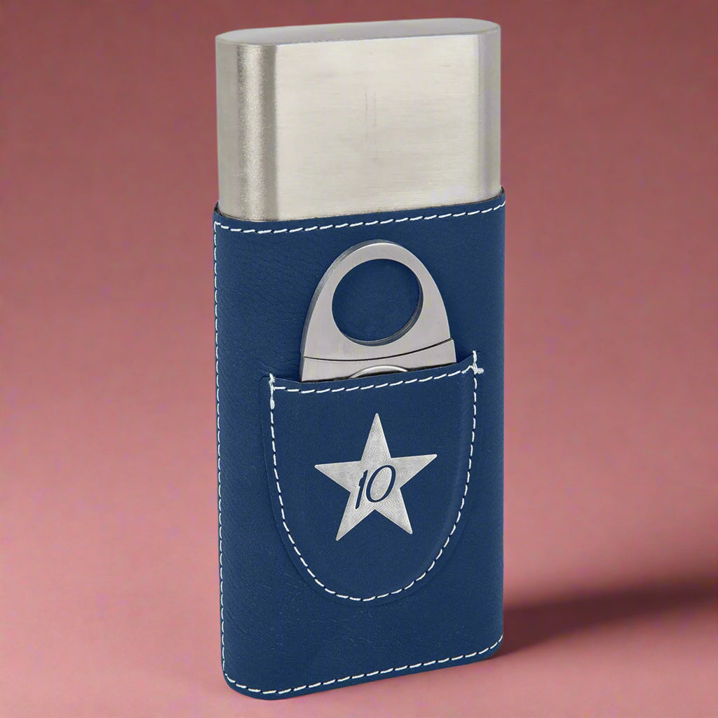 Leather Cigar Case with Cutter in Blue with Silver engraving by Carve & Burn, Miami