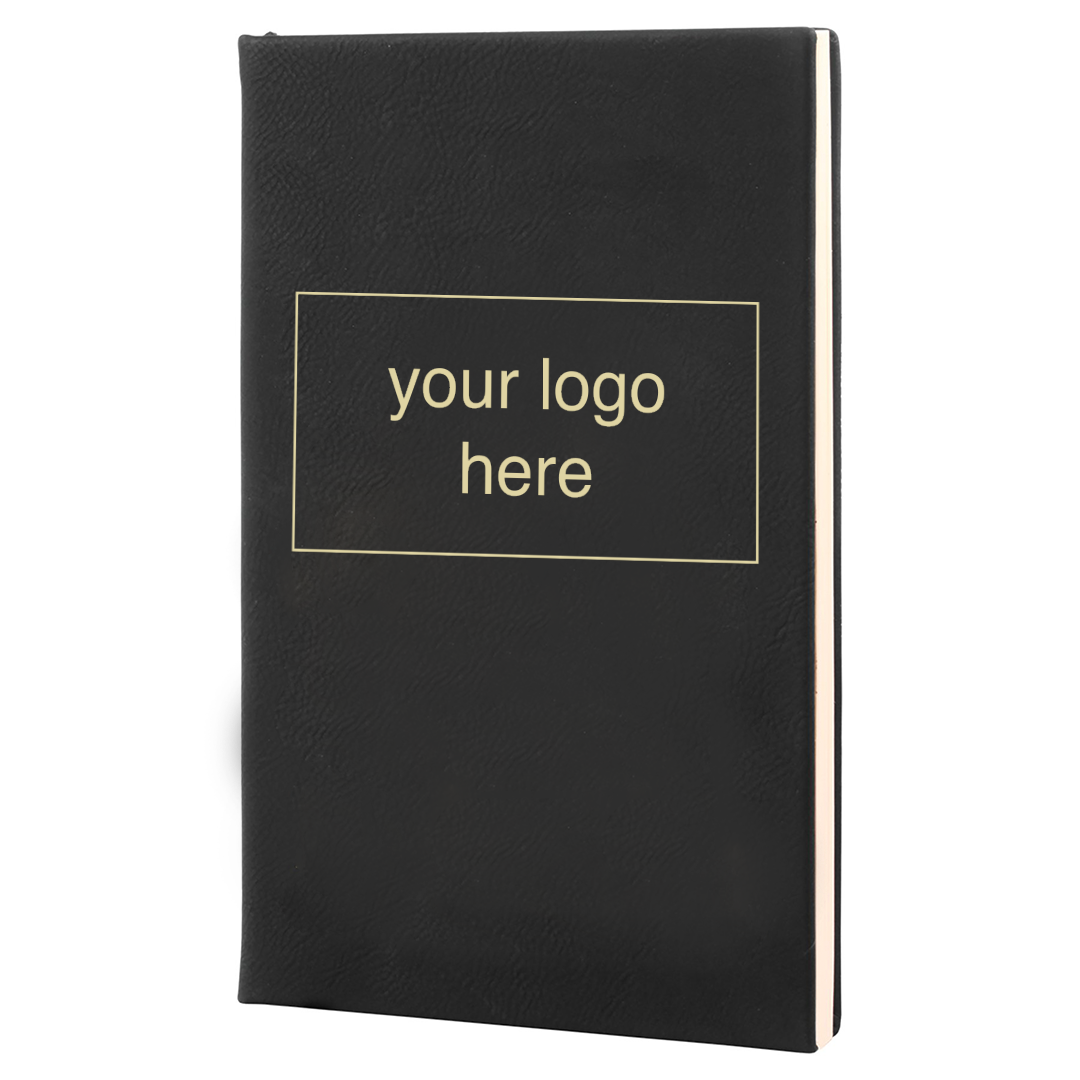 Black leatherette journal mockup showing a logo engraving placement