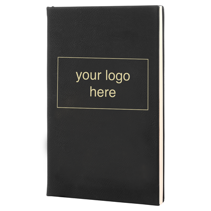 Black leatherette journal mockup showing a logo engraving placement