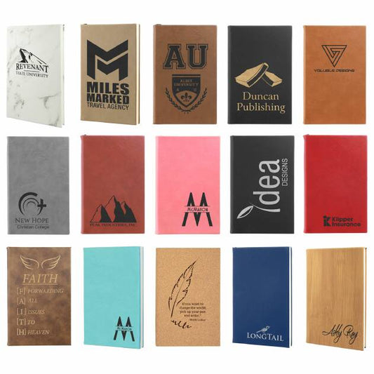 Leatherette journals in assorted colors laser engraved with business logos and monograms