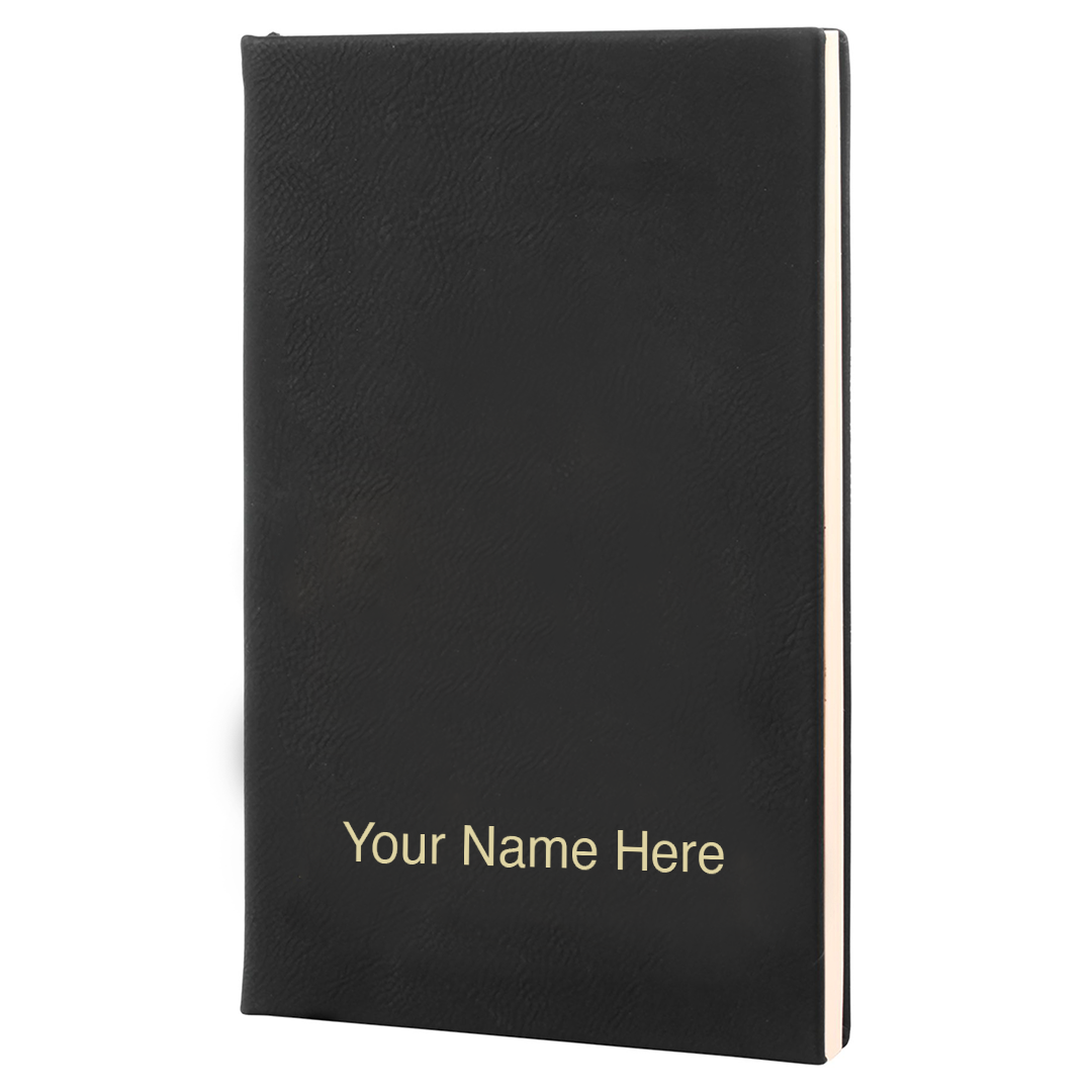 Black leatherette journal mockup showing a name engraving placement