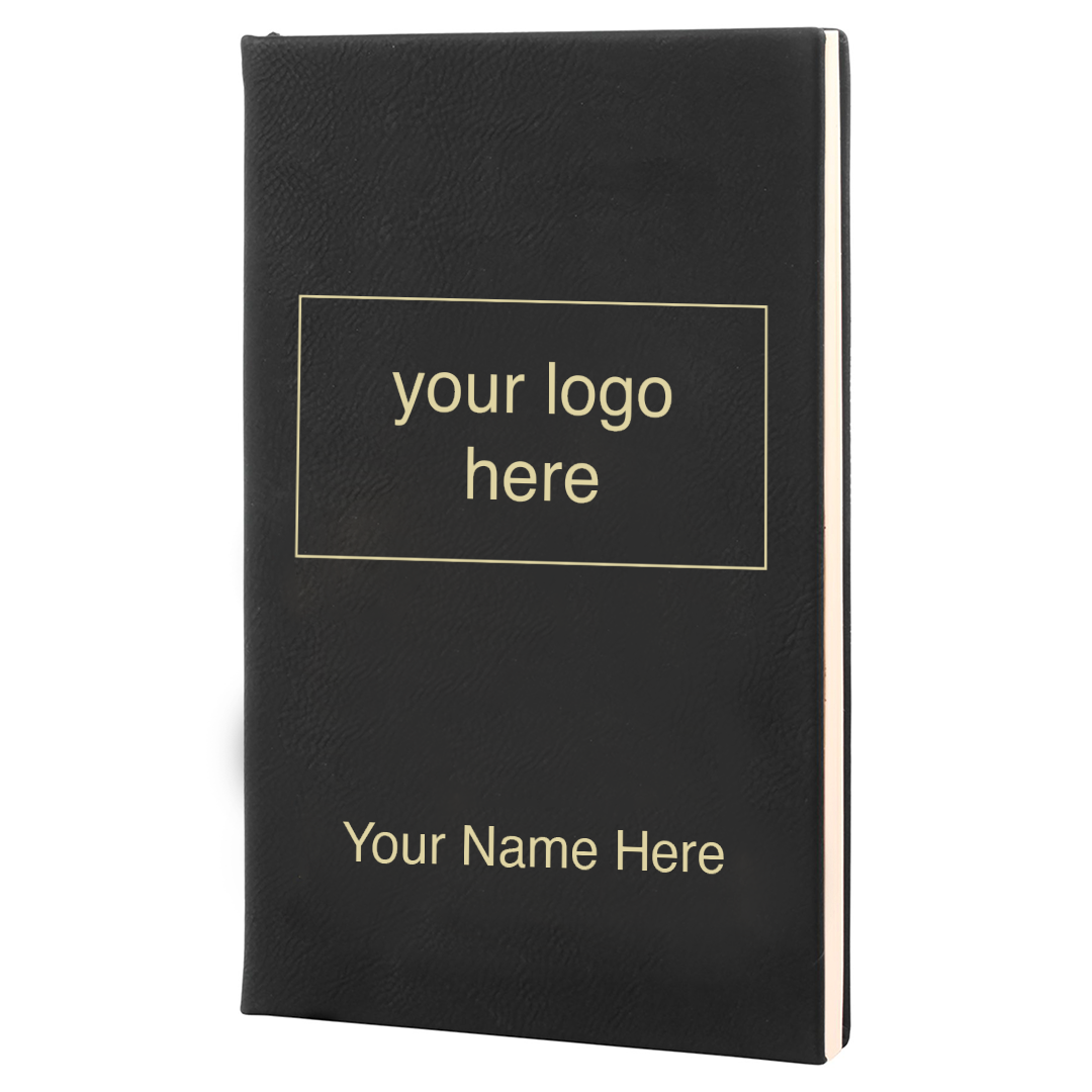 Black leatherette journal mockup showing logo and name engraving placement
