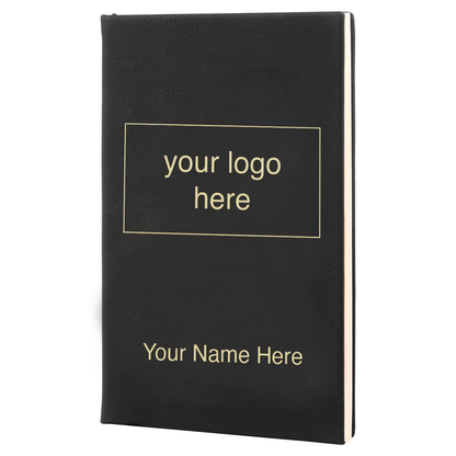 Black leatherette journal mockup showing logo and name engraving placement