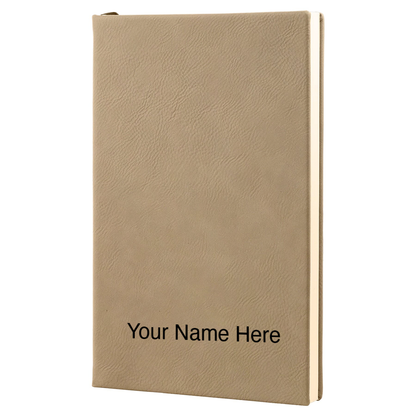 Light brown leatherette journal mockup showing a name engraving placement