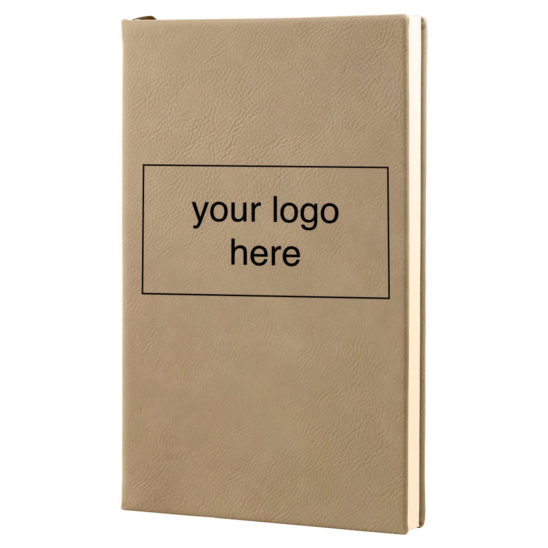 Light brown leatherette journal mockup showing a logo engraving placement