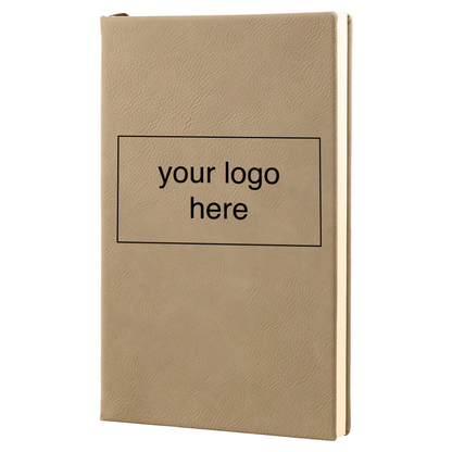 Light brown leatherette journal mockup showing a logo engraving placement
