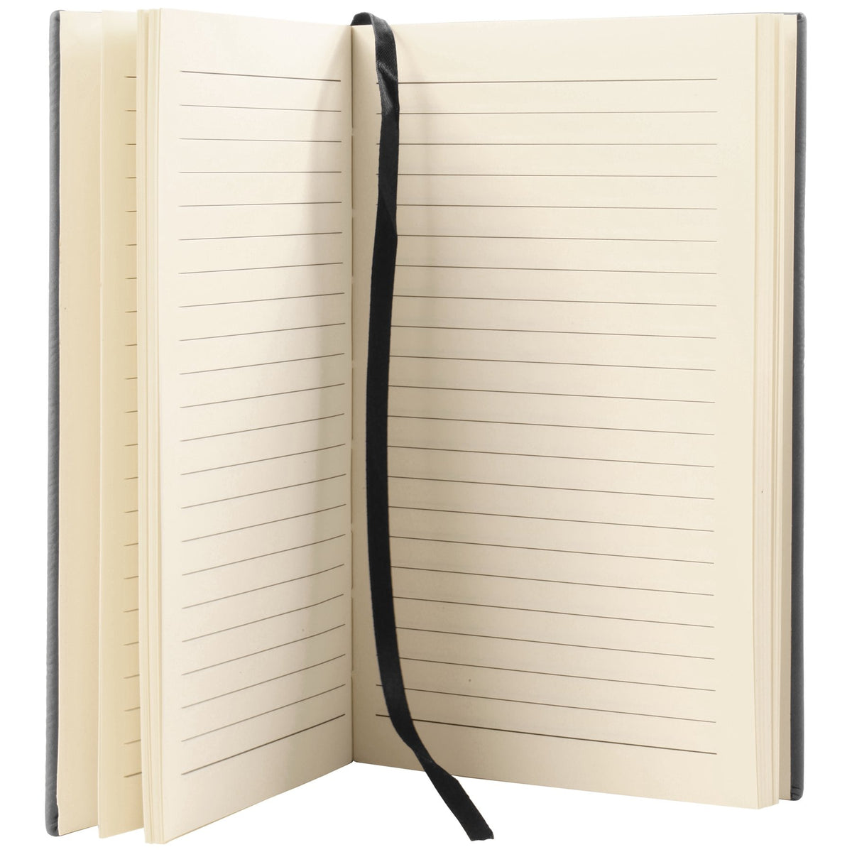 Open leatherette journal showing lined pages and a black ribbon bookmark