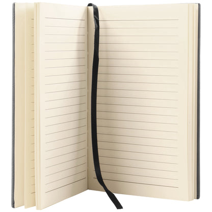 Open leatherette journal showing lined pages and a black ribbon bookmark