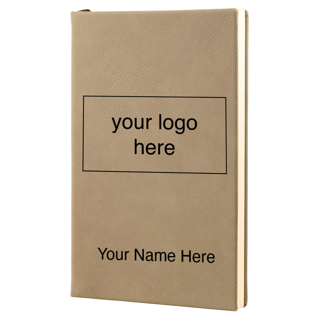 Light brown leatherette journal mockup showing logo and name engraving placement