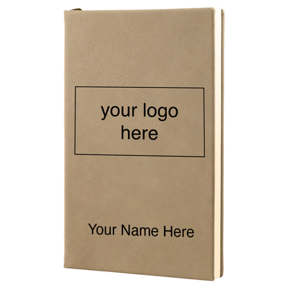 Light brown leatherette journal mockup showing logo and name engraving placement